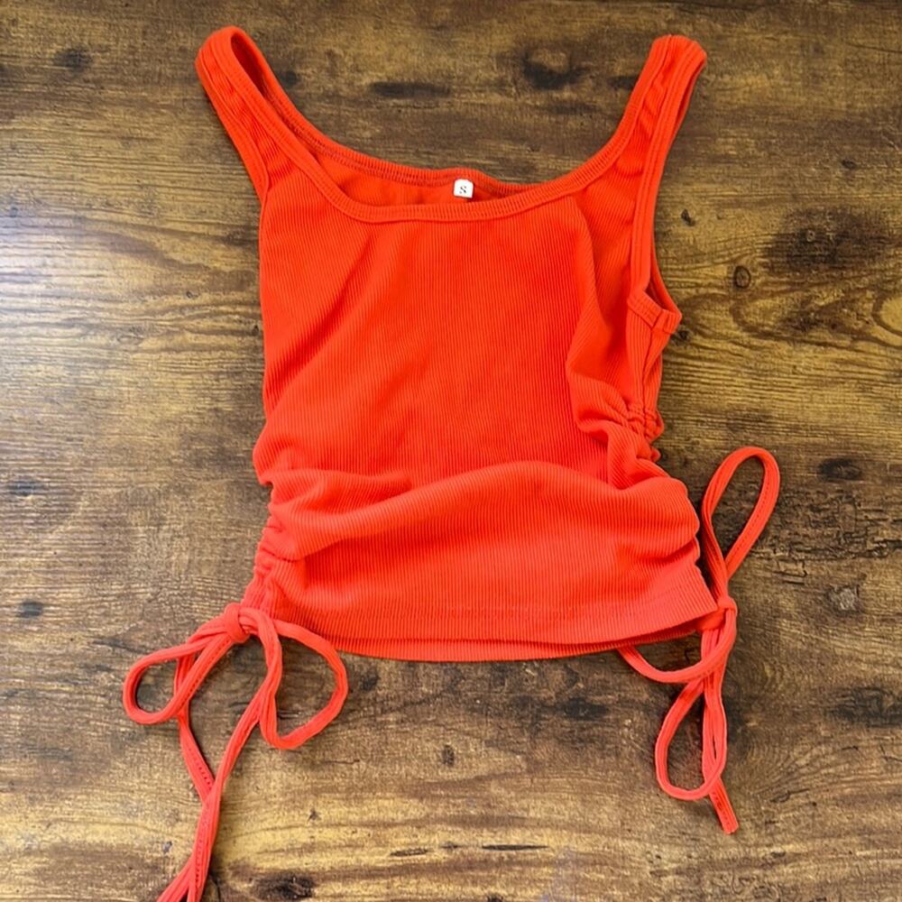 Orange Ribbed Form Fitting Tank With Drawstring Sides - Picture 2 of 10